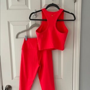 Women's High-Rise Active Leggings & Racerback Crop Top - Bright Neon Salmon/Red